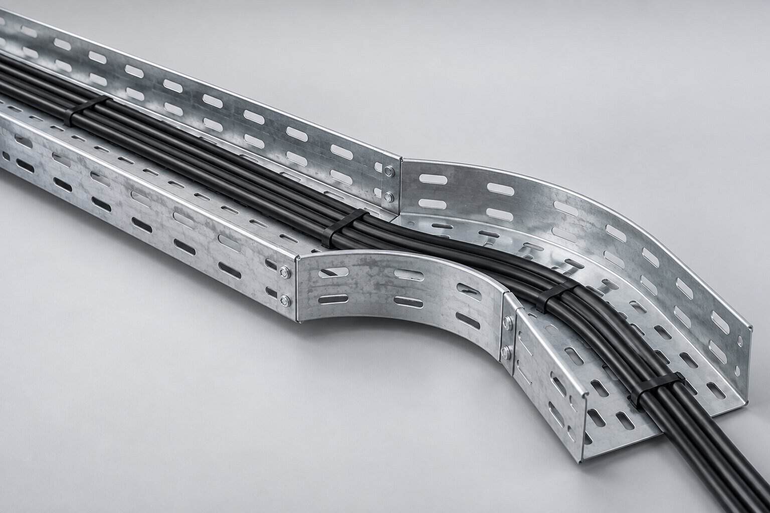 Cable trays carrying power cables in an industrial facility