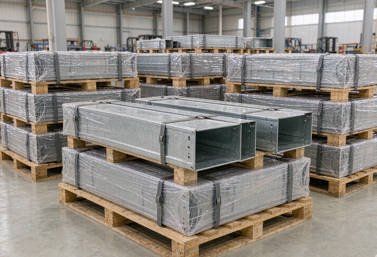 Cable tray sections bundled on export pallets