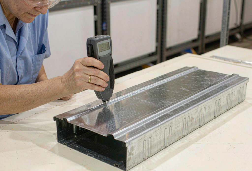 Technician checking cable tray coating thickness